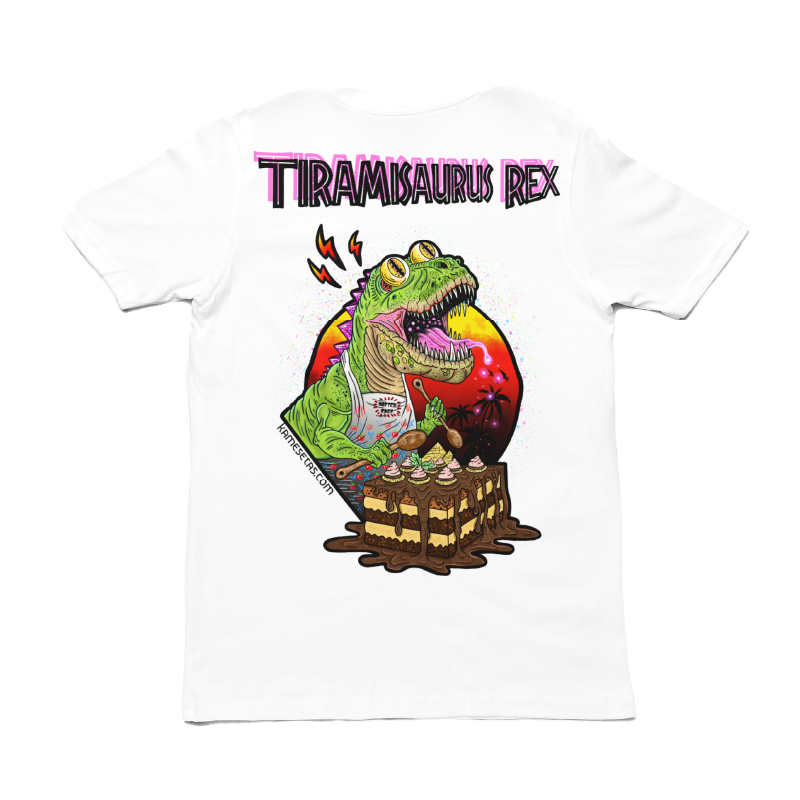 Imagen trasera camiseta blanca Tiramisaurus Rex: Vista trasera de la camiseta blanca Tiramisaurus Rex, mostrando el diseño liso en la espalda.